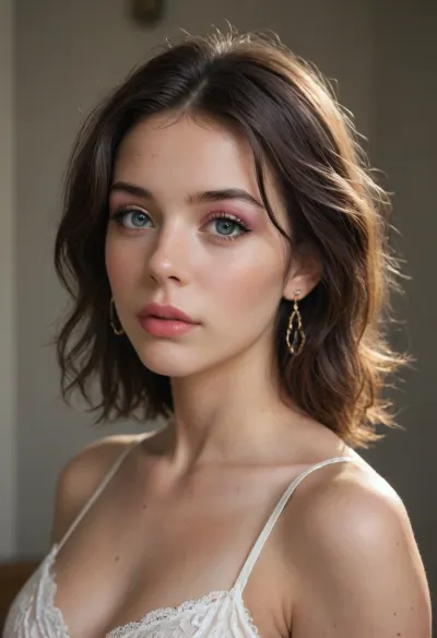 A hyper-realistic, 8K photograph of an 18-year-old, natural beauty, slender brunette with long, straight hair, pink makeup on lips and cheeks