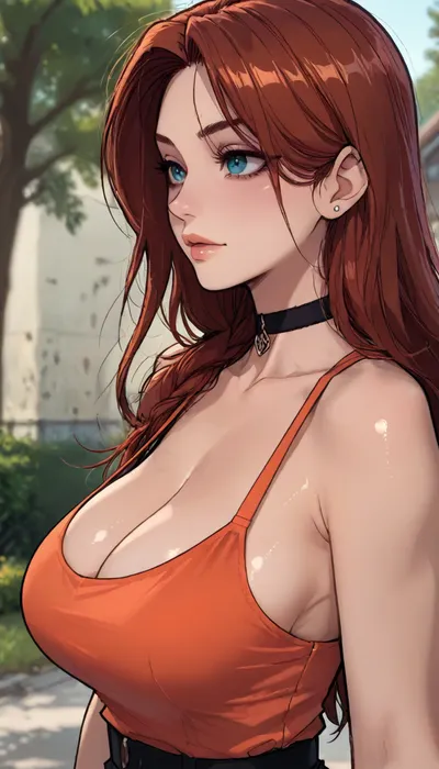 ((Melkor mancin meet markgavatino style)), reiq style, masterpiece, ((1woman, side view, 8k resolution, ultra-detailed, pale skin)), Redhead girl, long hair, wearing circle cleavage orange shirt, (giant round breasts), ((square defined jaw)), make up, at day, park and treed in background, detailed background, bust shot, 10° angle view, close up, Sexy Girl, choker, (Shiny Skin), ratatatat74, <lora:LCMTurboMix_Euler_A_fix:1.1>, <lora:ratatatat74-000050:1.8>, <lora:mk_Bp Anime_xl:1.2>, <lora:merratatustle_illustrious_v1_vpred:1.7>, <lora:焦茶_XL:2>