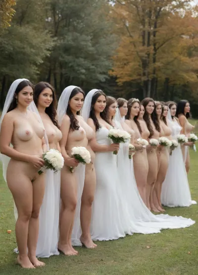 (Full bodies view from afar distance), (line of 6 nude brides in white veil, dresses lifting brides nude women with hairy pussies, of different ethnicities and different cultures:2), (row of 20 nude brides:1.6), (((no males))), All nude., (((1 indian woman with brown skin lifting up traditional indian clothing for good visible hairy pussy))), (1 black woman with dark dark black skin with straight hair), ((1 latina woman with brown skin)), (1 european woman with red hair wearing sun dress), ((1 chinese woman with brown skin)), (((1 native american woman with headdress and brown skin))), (1 european woman with blonde hair wearing blue jeans), ((1 brown skinned middle eastern woman with headskarf)), holding hands and facing the camera, looking at the camera, and they are naked, (((no men))), <lora:standing_in_a_row:2>