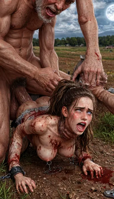 UHD, 8k wallpaper, (maximum quality:1.5), (ultra high resolution:1.7), (masterpiece:1.5), (full body view), award winning photo, (Extreme:1.45), (insanely detailed:1.24), (realism:1.24), (realistic:1.7), (hdr:1.4), hyper-detailed realistic body, hyper-detailed realistic face, (warm ambient light:.5), (dark shadows:1.4), (inside torture chamber), Princess Merida disney princess very skinny body, 18 years old, gigantic penis, gigantic cock, interracial, (anal), (vaginal), orgasm, ripped outfit, (gangbang), (triple_penetration), (full_blush), colors, (nipples), (medium_breasts), ruined black makeup, runny makeup, (big brown eyes), eyelashes, exhausted ecstatic expression, open mouth, painful, starring into the camera, ((Hyper realistic)), (ultra HD image), 8k, super high quality, super high resolution, extremely detailed, perfect face, perfect eyes, ((crying alot:1.65)), extremely shy, 1 girl, 8 old men, ((old man fucking her from behind:1.5)), ((view from the side)), ((brutal sex:1.3)), ((extremely rough pounding)), ((forceful)), (in a bloody field after a battle, white full moon in the sky:1.4), (man is choking her from behind:1.6), ((hogtied, bound with large chains, tied to a torture table:1.18)), ((((12 giant african muscular men:1.4)), (opening wide her little mouth:1.5), (interracial sex), ((anal fuck 1.5)), ((deepthroat:1.5)), ((visible huge bulge deep down throat:1.6)), trying to fit my, (massive black cock:1.4), (whole massive cock in mouth:1.5), in her mouth, ((long brunette ponytail hair)), (huge testicles), ((hands on cock:2.4)), ((handjob:2)), ((tears:2)), anal sex expansion, large hyper muscular fat old men, (double anal sex), swollen white veiny cocks, (double anal penetration:1.4), hardcore double penetration, proper physics, big white cocks, muscular white old men double anal gangbang)), (forceful penetrations), extremely graphic, shocked expression, beautiful hands, massive cum in ass, (eyes wide open in horror:1.72), (wide mouth spreader:1.8), (pleading expression:1.56), (terrified:1.48), (crying:1.48), (fear and panic:1.56), (pulled nipple clamps:1.4), (anal spit roast:1.12), (large massive cock in mouth:1.12), deep anal penetration, (very high view:1.12), (detail Hermione Granger:1.32), (detail Hermione Granger face:1.16), <lora:LCMTurboMix_Euler_A_fix:2>, <lora:detailed_notrigger:2>, <lora:photorealistic_portrait_notrigger:2>, <lora:JuggerCineXL2:2>, <lora:CinematicStyle_v1:2>