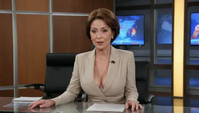 A 65-year-old veteran Japanese announcer, A TV host giving a live weather forecast in a TV studio, A news studio, behind a large table, A news anchor, Seriously broadcasting a live program, Wide-angle studio view, Bright lighting, in focus, A male announcer sitting in a chair next to her, Several large monitor screens behind her, A collared jacket on bare skin, A large desk in front of her body, Her elongated breasts resting on the large desk, Her hands placed in front of her elongated breasts on the large desk, Sitting leaning forward in a chair, The large desk is in front of her, Sitting in a chair, Reading a script, Her lower body is hidden by the large desk, A cute old lady, A beautiful old lady, As well-proportioned as an actress Face, (a 65-year-old Japanese woman with a round face), Unusual body shape, Imaginary body shape, (wrinkled, sagging, extremely elongated breasts), (extremely elongated breasts that hang down to the desk), extremely elongated breasts that are tight to the body, Wrinkled, saggy body, (extremely elongated, saggy breasts), thin, extremely elongated breasts that have lost all flesh and are just skin, extremely skinny, large, prominent nipples the size of a thumb, dark areola and large nipples, large nipples located at the tips of the breasts, downward-pointing areola and large nipples, extremely elongated, pointed, downward-pointing breasts, extremely skinny waist, Skinny body, Body with prominent collarbones and sternum, Skinny, rugged body with visible bones, Malnourished body, <lora:sagging-000015:1.1>