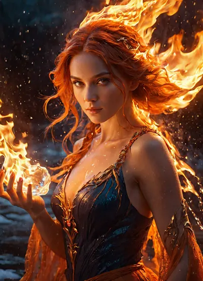 A powerful elemental witch with a striking theme of duality, her left side engulfed in blazing fire and her right side flowing with icy water. Her intense gaze radiates determination and mystique as flames swirl from one hand while cascading water bursts from the other. Her hair blends seamlessly between burning embers and crystalline droplets, glowing with magical energy. The background is a dark and misty atmosphere with contrasting warm orange firelight and a hyper-realistic fantasy portrait, dramatic lighting, cinematic style, ultra-detailed textures, 8K resolution., ice, and, water, ring, <lora:xl0918ice-water:.8>, fiery, aura, <lora:Fiery_aura_XL_-_Burning_passion:.8>