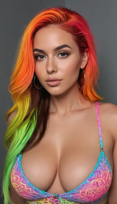 (Masterpiece), hyperrealistic render of a 25 years old woman, (luxurious_baddie:1.25), (intricate), ((glowing fluorescent color pallet)), (full body view, most of body in view), (looking at viewer), the most beautiful woman, perfect_skin, multicolored hair with multicolored_streaks, long hair, beautiful model face, detailed realistic face, pointy chin, puffy lips, detailed eyes, large perky natural breasts, ((focus on generating perfectly sculpted breasts)), firm tits, cleavage, perfect nipple placement, (nipple symmetry), semi_toned, slender, athletic_curvy, hourglass figure, highly detailed, intricate details, (best, quality), well-proportioned, intricate small partial_hair_braid, (amazing, curves), (photorealistic), natural, beauty, glowing, fluorescent, fluxenh4nce, ARW, detailxl, <lora:FLUXEnh4nce:2>, <lora:SDXL LoRA ARW Color palette:2>, <lora:Misses91:2>