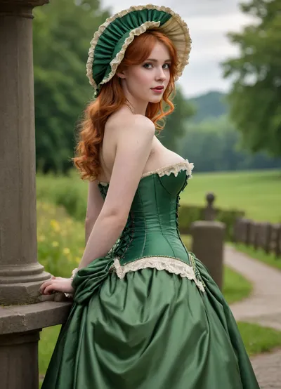 college age, 1 woman, beautiful, (perfect face), detailed, full body shot, looking over shoulder, side view, scenic view, open green detailed corset, exposed naked large breasts, ginger hair, grinning, licking lips, cleavage, photorealistic, 4k, highly detailed, (wearing a bonnet), parlour, (bustle), (long dress), full body, green dress, csch1ffer, bangs, blunt_bangs, long_hair