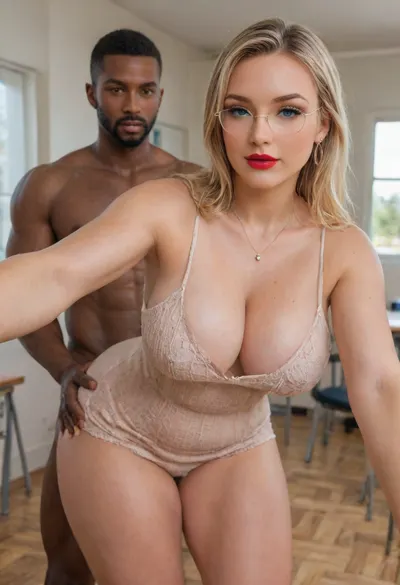 (Photorealistic masterpiece, best quality), (((interracial couple sex performance for cuckold husband viewer))), ., 1woman, fully clothed, (beautiful:1.8), sexy 40yo, blonde, French, (curvy:1.7), ultra-wide hips, thick thighs, big bubble butt, legs apart, soft skin, detailed asymmetrical face, pleased expression, satisfied look, bright blue eyes, long natural eyelashes, no skin blemishes, sexy big glasses, perfect heavy makeup, red lipstick, perfect covered breasts, (natural, medium, soft, teardrop breasts hidden inside clothing), protruding nipples, perfect detailed hands, red nails, (diamond sparkling ring), wearing a short sweater-dress. Standing, bent forward, leaning forward, arm outstretched taking selfie, looking at the viewer, standing doggystyle sex, (fucked from behind), by 1man, Black African, naked, perfect detailed eyes, brown eyes, tall, (extremely muscular:1.4), standing, fucking her pussy, looking over her shoulder at the viewer, male model face, attractive, modern male hairstyle, detailed masculine hands, his hands are groping her hips. Classroom setting, desk, bright window, soft natural lighting, bright windows in classroom, extreme close-up view, selfie, Captured with a Leica M10, Leica Summilux 50mm f/1.4 lens, sharp focus, score_9, score_8_up, 8K, UHD, clear image, extremely sharp, extremely detailed, extremely intricate detail, high res, ultra-high-definition, highly detailed, ultra-sharp textures, finely detailed, perfect skin texture, hyperrealistic lighting, professional photography, full dynamic range, deep contrast, high clarity, realistic depth of field, HDR, perfect exposure, smooth gradients, volumetric lighting, natural reflections, ultra-fine details, realistic skin pores, individual hair strands, bokeh, soft shadows, color-graded, natural dynamic reflections, captured with award-winning camera, hyperdetailed, photo realistic, hyper realism, key visual, intricate detail, vibrant, exciting, lots of shadows, romantic, masterpiece, knitted, sweater, dress, tight, <lora:WildcardX-XL-Detail-Enhancer:1.5>, <lora:attractive_notrigger:1.5>, <lora:BT_Knitted_Sweater_Dress_XL:.8>, <lora:cece_sdxl:1.5>, <lora:Instagram_Selfie_SDXL:1.5>