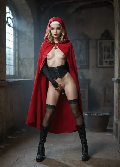 Full body view, full-length, The image shows a digital illustration of a female, showing nude body, stylized as Little Red Riding Hood, in an ominous evening setting. She is showing spread open pussy., ((The female is dressed in a traditional red cloak with a hood that covers part of her blonde hair. Under the cloak, she wears a corset with dark panels and lacing at the front. On her hands, she has lace finger less gloves. She is also dressed in a short red miniskirt with lace trim along the hem. On her legs, she has dark stockings and high boots)), High kick, (medium-chested:1.5), (((large areolas, long perky nipples))), tattoo's cover body, sharp teeth and claws, The background is a dark and gloomy forest with tall trees, the silhouettes of which are barely visible in the fog. Light penetrates through the trees, creating an atmosphere of mystery and danger. there is fog or mist, adding drama to the overall picture. The woman has pale skin, and her eyes are large and expressive, with a dark shade. Her expression is serious and wary. flat, chested, horror, scene, knife, dark, hospital, room, evil, mystic, gore, attractive, naked, female, undead, glowing, eyes, demon, cinematic, lighting, ray, tracing, Ultra-Wide, Angle, UHD, masterpiece, textured, skin, super, detail, best, quality, highres, 4K, photorealism, open, legs, seductive, rooms, nun, in, corner, family, monster, outdoors, night, time, woods, witches, cauldron, girl, (ritualistic), gor, ritual, bedroom, (masterpiece, quality:1.2), kitchen, <lora:ahxl_v1:.8>, <lora:flat_chested_v3.5:.1>, <lora:a7a8837021461f509f8f816395e5713e:1.1>, <lora:CuteLora:1.2>