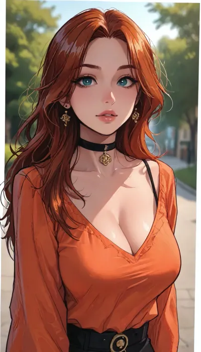 ((Melkor mancin meet markgavatino style)), reiq style, masterpiece, ((1woman, side view, 8k resolution, ultra-detailed, pale skin)), Redhead girl, long hair, wearing circle cleavage orange shirt, (giant round breasts), ((square defined jaw)), make up, at day, park and treed in background, detailed background, bust shot, 10° angle view, Sexy Girl, choker, (Shiny Skin), ratatatat74, traditional, media, SamDoesArts, <lora:LCMTurboMix_Euler_A_fix:1.1>, <lora:ratatatat74-000050:1.8>, <lora:mk_Bp Anime_xl:1.2>, <lora:Yogisya_XL:1.7>, <lora:SDXLSamDoesArts:1.9>