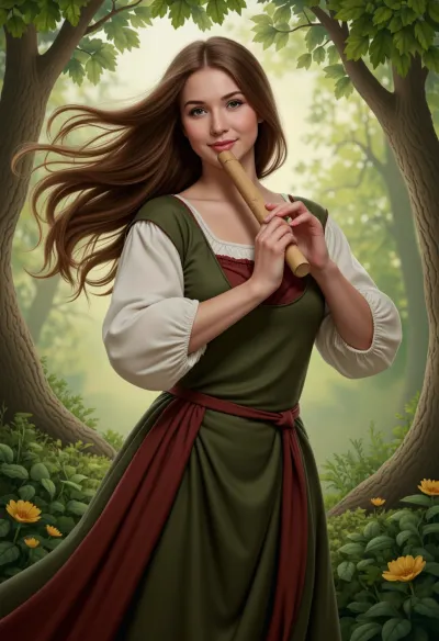 A woman with her hair blowing in the wind against a backdrop of swirling leaves, dressed in a medieval dress, plays the music of the wind in the forest on a wooden flute. Realistic, with a soft focus, a gentle smile, atmospheric, detailed illustration.
