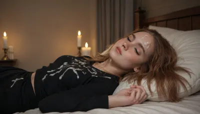 (Backround, dark bedroom, night, candlelight is the only light source, fiew from side), (35 year old female, closed eyes, closed mouth, lays on bed, black pajama, head on soft pillow, hands under pillow), (details skin texture:1.6), (open hair:1.8), (ginger hair color:.7), (freckles:1.6), (fair skin color:1.3), (tanlines:.3), (small breasts size:1.4), (narrow waist:1.6), (wide hips:1.7), (cum on body:1.7), (cum on clothes:1.8), (cum on hair:1.8)