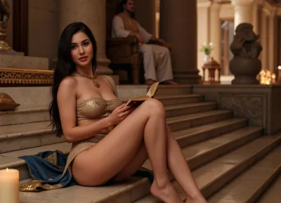 (best quality), (extremely detailed image), (realistic photo), natural skin texture, soft shadows, (volumetric lighting), oriental beauty Shaherazade, (long wavy dark hair), and, (gold jewelry), dressed in, (golden oriental harem outfit), gracefully sitting on, (marble staircase at the foot of the throne of the Shah of Persia), barefoot, reading stories to the Shah sitting on the throne, (blurred figure in the background), (ornate interior of the throne room of an oriental palace), warm candlelight, deep shadows, gold accents, blue and gold fabric, full body shot, bokeh