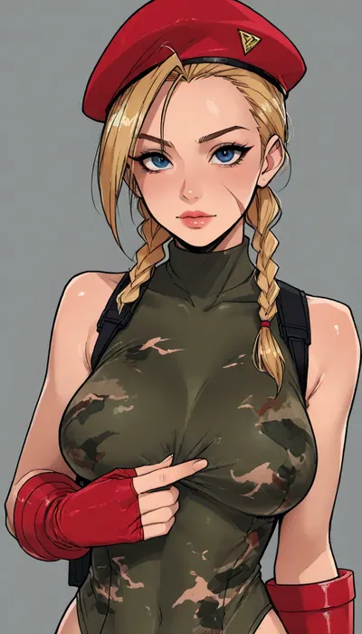 ((Melkor mancin meet markgavatino style)), reiq style, masterpiece, ((1woman, 8k resolution, ultra-detailed)), simple background, facing viewer, big breasts, cammy, white, twin, braids, long, hair, blonde, antenna, beret, blue, eyes, scar, on, cheek, large, breasts, green, leotard, sleeveless, red, gloves, fingerless, camouflage, garrison, cap, headwear, yellow, Sexy Girl, (Shiny Skin), ratatatat74, SamDoesArts, <lora:LCMTurboMix_Euler_A_fix:1.1>, <lora:ratatatat74-000050:1.8>, <lora:mk_Bp Anime_xl:1.2>, <lora:焦茶_XL:2>, <lora:SDXLSamDoesArts:1.6>