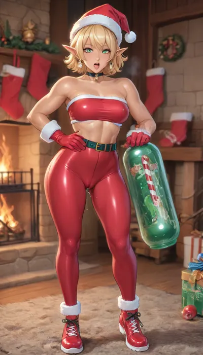 (reiq art style, masterpiece art style:1.1), (beautiful muscular mito ikumi from shokugeki no souma:1.6), green eyes, blonde hair, short hair. tan-skinned, (gyaru skin:1.4), 1girl, solo, alone, muscular arms, sexy figure, and wide hips. muscular legs, thick thighs, round ass, (muscular body), (lustful face), (Christmas), (fireplace), (workout posed:1.3), (dripping droll sucking a Christmas candy cane in open mouth:1.3), (right hand on gripping hip:1.3), (Christmas elf hat costume:1.3), (tight Christmas elf tube top costume:1.5), (combat gear pantyhose:1.3), (Christmas elf Mini Hot Pants costume:1.3), (Christmas elf gloves:1.3), (Christmas elf shoes costume:1.3), (camel toe:1.3), (sweaty dripping heavily off over body:1.3), (see heat coming off body), (cum dripping coming excessive out:1.3), hardcore, perfect fingers, A masterpiece of the highest quality, the work of a real master, bouncing breasts, bouncing ass, seductive, seductive eyes, black choker, steam, sweat, full body view, <lora:cartoon_stickers_xl_v1:.1>, <lora:hentai_anime_style_xl_v1:1.2>