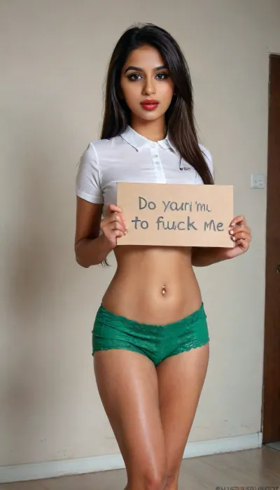 (Holding a sign saying "do you want to fuck me? ":1.3), Indian slut, 18 years old, tall and slim, long legs, big boobs, (big round tits:1.3), (big G-szie tits:1.3), (boobs to the waist:1.3), black tight miniskirt, white blouse, (high heels:1.3), green eyes, red lips, makeup, dark skin, (full length:1.3), side view, highly detailed skin, high realism, bmbplora, PEHoldingSign, <lora:bimboxl_02:.5>, <lora:Desi_Coffee_V30_SDXL_LoRA:.9>, <lora:South_Indian_Girl-000004:1>, <lora:Perfect_Eyes:1.1>, <lora:PE_HoldingSign:.8>