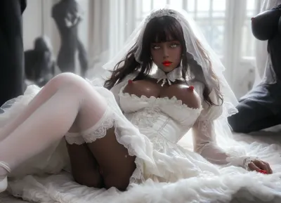 The dominant lady, (clear image), photorealistic, high res, (black skin:3), full body in frame, perfect illumination, (manicure, long red nails), (extremely detailed, ultra realistic), best quality, focus on arms legs face, ultra-detailed, finely detail, (((massive HHH cup Breasts))), super shiny tits, erect nipples, long nipples, large areolas, long hair, perfect ass, shapely legs, long legs, ((makeup:1.5), long blue eyelashes, olive eye shadow with sequins), (high-quality facial treatment:1.3), large plump lips bimbo in red lipstick with a glossy wide pink outline and a slightly open mouth, (hairstyle with five pigtails straight bangs of blue with sequins:1.2), pupil eyes like a snake, (milky mucus is flowing from the pussy:1.2), makeup, eyeliner, eyelashes, puffy, nipples, dark, ghost, wide, white, thighhighs, hair, on, one, eye, frills, puff, sleeves, (white, bridal, dress, veil:1.5), Aesthetic, Nail, ChristmasDecorativeStyle, <lora:Modern_MakeUp_XL_v0_1:.8>, <lora:Nipples XL:1.2>, <lora:Nier_Automata_2B_White_Wedding_Dress_Bride_Cosplay_Realistic_LoRA:1.7>, <lora:Aesthetic_Nails:1.9>, <lora:ChristmasPostcardStyleXL:.8>