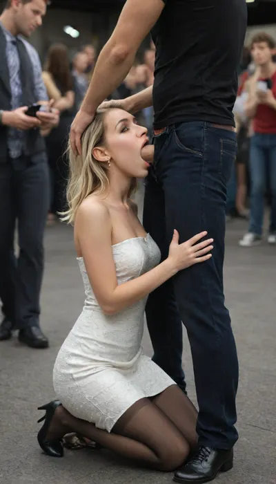 Club dance floor, female escort, female closed eyes, People view, audience in party clothes, male next to female, 18 year old female, hand on head, blonde hair, annoyed female, black pantyhose, full body, kneeling, strapless, tube, dress, bodycon, shocked, nonplussed, unzipping his pants, unzipping his trousers, beautiful, detailed face, nice big dick, ready for blowjob, licking, dick deep in mouth, deepthroat, pushing head, gagging, giving handjob to another man, <lora:Plain_tube_dress:.8>, <lora:shocked:.8>, <lora:crowd_notrigger:.8>