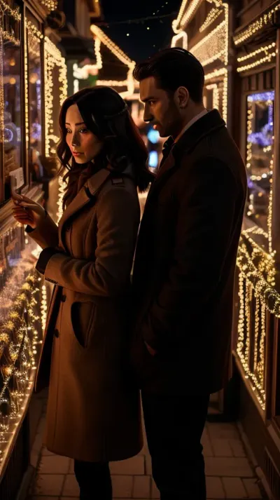 a man and a woman are looking at a display of lights, cinematic, 8k, professional photography, <lora:Vibrant_Movies:.5>