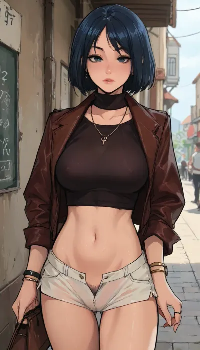 ((Melkor mancin meet markgavatino style)), reiq style, masterpiece, ((1woman, 8k resolution, ultra-detailed)), Blue Hair full bangs Bob cut, (detailed see through), big breasts, (Brown leather Jacket), ((see through:1.5), black turtleneck sweater), (open:1), Low Rise Denim Shorts Sexy Cut Off Mini Hot Pants, (small purse), earrings, rings, necklace, bracelet, ((midriff)), ((dynamic seductive pose)), seductive, ((in Public outdoor)), cafe setting, from front, ((exposing small blue pubic hair, small pussy)), pulled down shorts

Sexy Girl, (Shiny Skin), ratatatat74, samdoesarts, by, <lora:LCMTurboMix_Euler_A_fix:1>, <lora:ratatatat74-000050:1.7>, <lora:mk_Bp Anime_xl:1.1>, <lora:焦茶_XL:2>, <lora:samdoesarts1.1-000030:1.7>