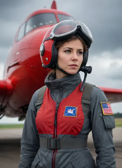 A 30 year old female test pilot, flying helmet, nervous expression, standing in front of a red prototype plane, grey sky, portrait