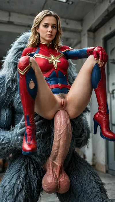8k, score_9, score_8_up, score_7_up, FILM PHOTOGRAPHY STYLE, cinematic photography of a woman, professional portrait photo realism, blue eyes, natural blonde hair, shiny hair, beautiful model idol, exceptionally beautiful woman, very, (Captain Marvel costume:1.3), . Ultra realistic, perfect anatomy, accurate anatomy, accurate expression, Captain Marvel in shock, anal fucked by enormous hairy Yeti, hyper huge monster Shiny black cock 1.2, pale skin, torn costume, harf naked, thick pubic hair, giant monster with giant wide cock, anal fuck, massive monster cock, monster triple size of subject, monster, realistic, ultra high definition, (massively huge monster cock anal:1.2), impossible anal fit, photo realistic, suspended in air, legs spread apart, HD, detailed skin, view close up, shaved vagina, Huge stomach bulge, black hair, subject anal impaled by hyper monster cock, huge testicles, (giant monster over 10 meters tall:1.3), giant monster over 10 meters tall, full body view, <lora:detailed_notrigger:2>, <lora:add-detail-xl:.8>, <lora:LCMTurboMix_Euler_A_fix:.8>, <lora:style_lora_realis:.8>