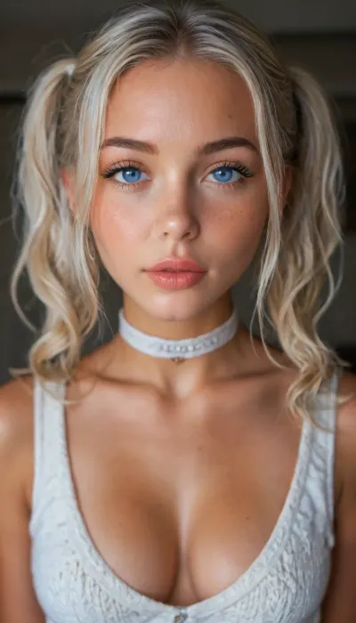 school class, beautiful face, natural breasts, overflowing high cleavage, white hair, blonde bangs, split dyed hair, bangs, wide hips, tan skin, horny expression, full lips, medium length hair, blue eyes, freckles, grey outfit, tiny knit sweater, school skirt, choker, (white pigtails:1.4), photorealistic, hdri, portrait, close up, realistic, super real, hyper realistic, ultra realistic, ((perfect eyes)), full view, ((Ultimate realistic photo details)), (((dynamic sexy pose))), detailxl, raw, lighting, overexposed, harsh, flash, amateur, epiCNegative, dark, ghost, wide, <lora:MJ52:1>, <lora:attractive_notrigger:.8>, <lora:Rawfully Stylish v0.2_epoch_20:.9>, <lora:Nipples XL:.8>