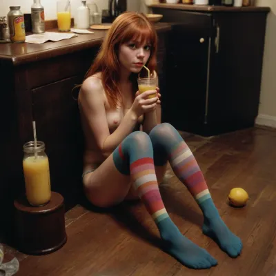 22-year-old introvert redhead grunge girl with bangs and multi-colored stockings is sitting on the floor in a dark corner drinking lemonade from a glass at a party in 1997, a 27-year-old tall and slim woman with long wavy dark blonde hair is visible in the background, photo-realistic, compact camera, analogue film artifacts, grainy, [[naked]], youngAdult, <lora:YoungAdultSDXL:2>, <lora:Microwaist_XL_v01:2>