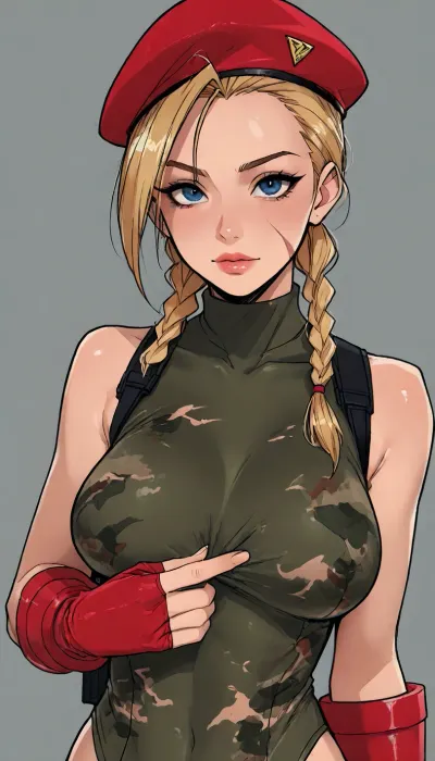 ((Melkor mancin meet markgavatino style)), reiq style, masterpiece, ((1woman, 8k resolution, ultra-detailed)), simple background, facing viewer, big breasts, cammy, white, twin, braids, long, hair, blonde, antenna, beret, blue, eyes, scar, on, cheek, large, breasts, green, leotard, sleeveless, red, gloves, fingerless, camouflage, garrison, cap, headwear, yellow, Sexy Girl, (Shiny Skin), ratatatat74, SamDoesArts, <lora:LCMTurboMix_Euler_A_fix:1.1>, <lora:ratatatat74-000050:1.8>, <lora:mk_Bp Anime_xl:1.2>, <lora:焦茶_XL:2>, <lora:SDXLSamDoesArts:1.6>