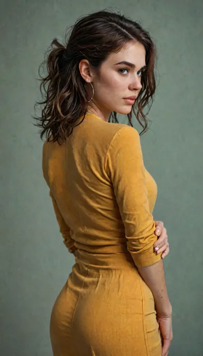 8k, score_9, score_8_up, score_7_up, FILM PHOTOGRAPHY STYLE, cinematic photography of a woman, professional portrait photo realism, April Onill The image shows a comical scene depicting a female figure in tight yellow clothes, facing away from the viewer, with an expression of despair.

The composition is based around a female figure in the center, occupying most of the frame, while a fragment of another character, probably male, is on the left. The woman's figure is tilted forward, her pose expresses a desperate situation, and the remark in the cloud emanating from her character conveys a sense of panic. The inscription "IT'S TIME TO COWA-BUNGA BUNGA" adds a comic touch. The green background creates a neutral base, emphasizing the main elements.

The main subject is a woman in a yellow skin—tight outfit that accentuates her figure. Her posture indicates a desperate situation. There is no detailed drawing of facial features, but body language and text in the cloud convey her emotions. The other character, which is partially visible, is presented fragmentally.

The image is made in a style that can be described as digital art with comic book elements. The artistic design includes clear contours and bright colors that create an attractive appearance. Stylistic characteristics include exaggerated proportions and minimal background detail, focusing on the characters and their actions.

The action takes place on a simple green background that does not provide any specific setting. The absence of any kind of environment focuses the viewer's attention on the characters and their interactions, emphasizing their position and their intended story., <lora:detailed_notrigger:2>, <lora:add-detail-xl:.8>, <lora:LCMTurboMix_Euler_A_fix:.8>, <lora:style_lora_realis:.8>