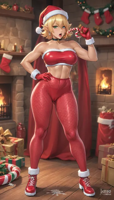 (reiq art style, masterpiece art style:1.1), (beautiful muscular mito ikumi from shokugeki no souma:1.6), green eyes, blonde hair, short hair. tan-skinned, (gyaru skin:1.4), 1girl, solo, alone, muscular arms, sexy figure, and wide hips. muscular legs, thick thighs, round ass, (muscular body), (lustful face), (Christmas), (fireplace), (workout posed:1.3), (dripping droll sucking a Christmas candy cane in open mouth:1.3), (right hand on gripping hip:1.3), (Christmas elf hat costume:1.3), (tight Christmas elf tube top costume:1.5), (Christmas fishnet pantyhose costume:1.3), (Christmas elf Mini Hot Pants costume:1.3), (Christmas elf gloves:1.3), (Christmas elf shoes costume:1.3), (camel toe:1.3), (sweaty dripping heavily off over body:1.3), (see heat coming off body), (cum dripping coming excessive out:1.3), hardcore, perfect fingers, A masterpiece of the highest quality, the work of a real master, bouncing breasts, bouncing ass, seductive, seductive eyes, black choker, steam, sweat, full body view, <lora:cartoon_stickers_xl_v1:.1>, <lora:hentai_anime_style_xl_v1:1.2>