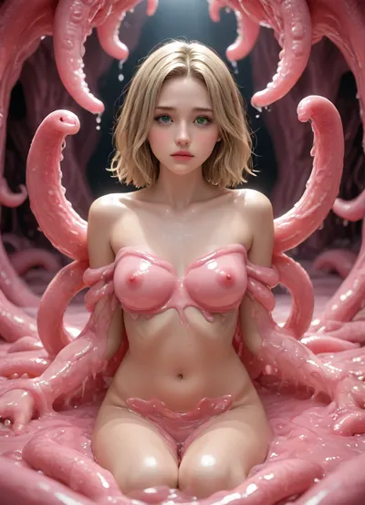 (((alien female with multiple pink octopus arms))), detailed octopus arms, melting, (in a pink slimy cave), background is pink slime cave, walls made of pink slime, (lots of pink slime), masterpiece, best quality, highly detailed, sweaty, roseblonde hair, hotsquat, (green eyes), blushing, aroused, ahego, bondage, legs restrained in slime, ((pink veiny tentacles)), (ral-octprms), (alienailf), <lora:White_Pink_Tentacle_Slime-000007:2>, <lora:ral-octprms-sdxl:2>, <lora:Aliens_AILF_SDXL:2>