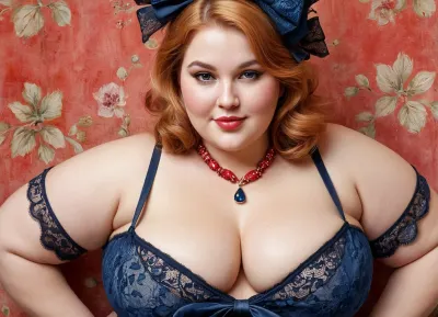 Portrait, close-up, 8k, RGB, HDR, oil paints, watercolors, bright saturated colors, Anna Razumovskaya, Jarek Kubicki, Aleksi Brilo, Darek Zabrotsky, Sakimichan, Loisch, Aminola Rezai, photo RAW, black, dark red, (massive bust:1), fat cleavage, Mixed media collage., (chubby beautiful face), ., ((Obese plumper woman:1.2)), wide cheekbones, wide jawline, Calligraphy, gouache wash, pen sketch, thin lines, vintage illustration style. Black, white, coral pink, smiling, red, blonde hair, beautiful patterns, ral-melting, whdbd, blue, dress, flirting with viewer, jewelry, necklace, bonnet, long, sleeves, bow, lace, trim, frills, pantyhose, <lora:ral-melting-sdxl:.5>, <lora:whdbd XL:.8>