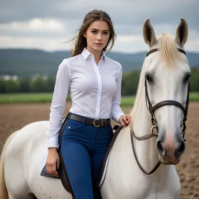 18 year old girl, equestrian, blue and black riding pants, tight white shirt, full body front view, hyper detailed, sharp focus, intricate details, highly detailed, detailed face, detailed skin