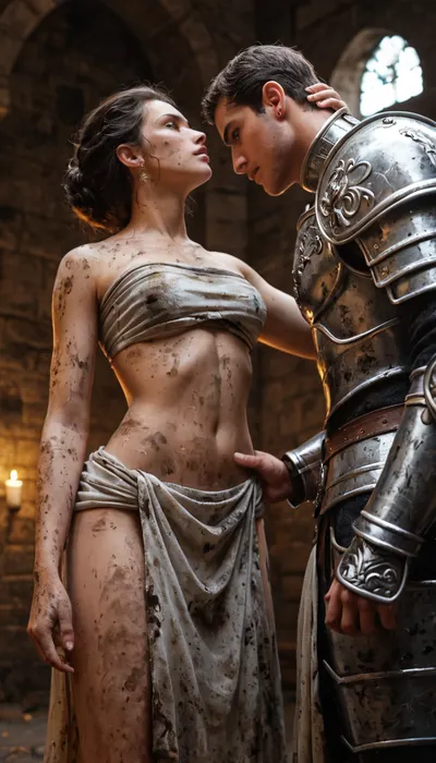 (1man, majestic roman, standing, luxus armor clothes., // man standing behind her, (he dominate)), // 1woman, lying on back, dirty, slave, in a dungeon, (linen cloth), bandeau top.She is chained up, //He triumphs.close up, volumetric lighting, intricate details, perfect lighting, fine details, shot with a Leica M10 Summilux 50mm f/1.4, lifelike colors