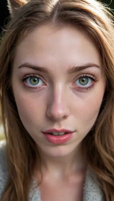 (selfie, portrait, face portrait with emphasis on her eyes, close up of face, fisheye lens:1.5), (dramatic high contrast rim lighting with sharp otherworldly shadows:1.8), (Scandinavian and Irish features), (photorealistic, photo realistic, photorealism, photo realism:1.8), (4k, 8k, 8k resolution, best quality, ultra quality, highest quality, maximum quality, uncompressed, raw source photograph:1.2), (same color eyes, symmetric eyes, matching eyes, detailed eyes, detailed iris, detailed pupils, limbal ring around iris, perfectly round iris, perfectly round pupils:1.4), (detailed skin, high detailed skin, intricately detailed skin, perfectly detailed skin, high quality skin, highest quality skin, exquisitely textured skin), (intricate clothing, detailed clothing), (microblade eyebrows, perfectly manicured eyebrows), (flushed cheeks, flushed neck, blushing cheeks, blushing neck), (her wide strong jaw highlights her powerful jawline, high cheekbones, sharp cheekbones, faint vellus hairs), (cute tall tall upturned button nose, delicate nose), (long messy hair framing her face, ginger hair with dark roots:1.3), (big eyes, wide eyes, doe eyes, slightly wide set eyes), (striking eyes, captivating eyes, mesmerizing eyes, glittering eyes, Fae eyes), (pale light green eyes with golden flecks), (large natural soft breasts, high breasts), (athletic body, sporty body, lean body, fit body), (she's in love, adoring gaze, loving expressing, adoring expression, joyous, joyful, pleased), (girlfriend, girlfriend material, girlfriend experience), (pale skin with freckled cheeks and nose, noticeable freckles), (facing directly into camera, head tilted slightly forwards), (female werewolf, pleasurable transformation from human to werewolf, wolf snout, wolf eyes, body covered in wolf hair:1.5), (full moon:1.2)