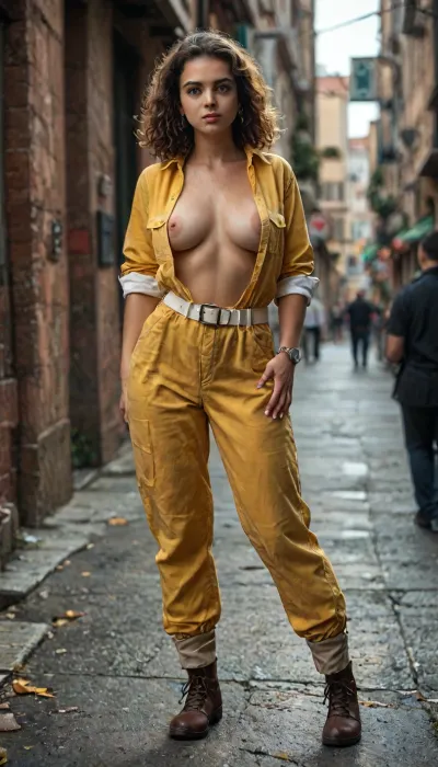 8k, score_9, score_8_up, score_7_up, FILM PHOTOGRAPHY STYLE, cinematic photography of a woman, professional portrait photo realism, April Onill, The image shows a woman with short red curly hair. She is wearing a yellow jumpsuit, unbuttoned to the waist. The jumpsuit is fastened with a white belt with a white buckle. The woman has a white watch on her wrist. She holds her bare breasts in her hands. Steam is depicted above it. The background is gray, full body view, <lora:detailed_notrigger:2>, <lora:add-detail-xl:.8>, <lora:LCMTurboMix_Euler_A_fix:.8>, <lora:style_lora_realis:.8>, mistletoe, mercenaries, <lora:mistletoe_mercenaries:.8>