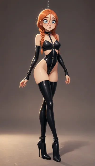 ((Jack cayless art style)), Surreal fine art portrait of an adult woman in a strong fetish-bondage aesthetic, body posed in an elegant yet restrained position, legs as the main focal point — long, perfectly aligned, emphasized by tension and posture, standing on extreme high heels, ankles and thighs wrapped with intricate leather straps and thin chains, decorative bondage harness extending along the legs, minimal black latex and sheer fabric, sensual but artistic restraint, avant-garde sculptural hairstyle with flowing strands and sharp braids, hair glowing in a gradient of obsidian black, deep crimson and electric violet, gravity distorted, floating rings and suspended chains around her, cold moonlight highlighting the legs and curves, calm confident gaze into the camera, surreal dreamlike atmosphere, high fashion fetish art, cinematic lighting, ultra-detailed, contemporary surrealism, 4k, <lora:add-detail-xl:2>, <lora:princess_xl_v2:.8>, <lora:DetailedEyes_V3:2>, <lora:Animated_Concept:.9>