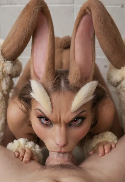 Photo of a, (anthro:1.8), (furry:1.8), (((mega Lopunny))), (((angry face:1.5))), extremely furry body, furry face, furry female, on her knees between viewers legs, deepthroating a man, ballsdeep, face pressed against crotch, nose to crotch, man firmly grasping her ears and pulling her face into his crotch, (((deepthroat:1.9))), Nikon Z9, realistic matte skin, skin texture visible, (sharp focus), (high quality), (face visible), (pov_deepthrt), (animal), photorealistic, realistic, photo, <lora:concept_pov_dt_xl2-000020:.5>, <lora:photorealistic_1024_V1:1.5>