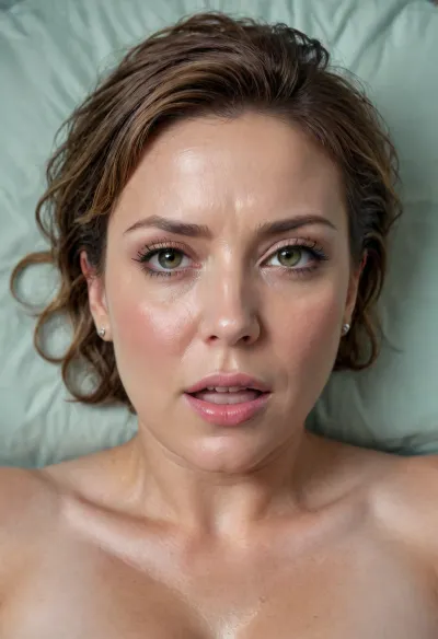 Bbw Milf, RAW photo, subject, (high detailed skin:1.1), 8k uhd, soft lighting, high quality, film grain, Fujifilm XT3, ((curvy woman)), excited nude thin 45yo mature women, ((voluminous chestnut updo haircut)), in cluttered dorm bedroom, naked waist, orgasm face, half body shot, masturbating, unfocused gaze, open mouth, furrowed brow, looking at viewer, lying flat on her back in bed, aerial view, shot from ceiling, damp sweaty skin, (4K UHD ultra-detailed RAW photo), high detailed, 8k, (photorealistic:1.7), <lora:rknArouseXL:.8>, green, eyes, blue, perfecteyes, <lora:PerfectEyesXL:.8>