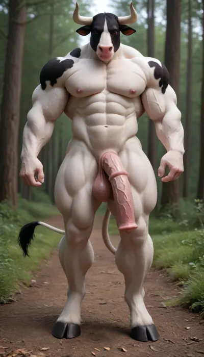 1solo furry humanbull, furry bull, solo, full body view, front view, full figured brown big anthro furry bull exposes its self, in the forest, huge knotty cock, big ass, wide open asshole, hard erection, full exposed, hooves, horse phallus, horse penis, equine cock. Bovine humanoid. Horns. White fur. Bulky. Oversized muscles. Body builder. Muscles. Body covered in white fur with large black spots. Cow colors. Flared cock. Bulky. Cow tail. Bulging veins muscles. Black fur spots.