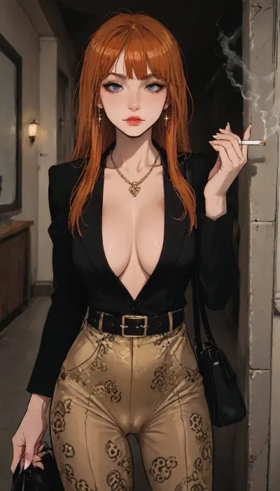 ((Melkor mancin mix markgavatino style)), incase style, masterpiece, (1woman, 8k resolution, ultra-detailed), nasty bitch Petra mature milf 50years, cheekbones, ((hand smoking cigarette)), full dressed, super waist, tall slender, hips side, handbag plasticbag, ((long bangs slickened ginger bangs)), necklace, (makeup modern blue eyeliner), (leopard pattern legins spandex, (((cameltoe)), puffy pussylips fingering)), shimmering brown iris eyes, (big black belt), plateau-heel, ultra long legs, lips cool smile, lipstick glossy, beautiful drawn fingernails, (tatoos ink body-artwork:1.2), arms teasing curves, pushup lace, (sagging breast dressed sagging cleavage:1.2), (many neon bright-colours led writings), ratatatat74, jtcstyle, SamDoesArts, <lora:LCMTurboMix_Euler_A_fix:.6>, <lora:ratatatat74-000050:1.1>, <lora:mk_Bp Anime_xl:1>, <lora:加藤彩style:1.8>, <lora:SDXLSamDoesArts:1.7>