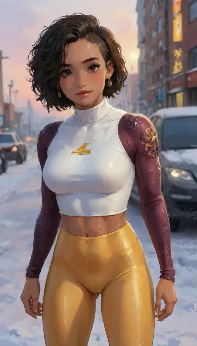 Sunset, rainbow, young African Supermodel xlsanaa woman, 18 years old, height 180cm, perfect winter snow photo, Cinematography, dark red hair, freckles body, oily skin, rear pussy, looking back, wet skin, abs, big ass, body Fully visible, thigh leggings, (Nike leggings), Nike padding, Nike long boots, earrings, ring, jogging, smartphone, ((in the car, arctic, snow, golden hour)), deep photo, depth of field, 35mm photo, film, bokeh, professional, 8k, highly detailed, (masterpiece, best quality, ultra realistic, RAW photo), extreme closeup photo of young xlsanaa woman, dark skin, black frizzy undercut hair, smiling, looking at viewer, cyberpunk city, realistic, sharp focus, 8k high definition, insanely detailed, intricate, elegant, closed mouth, perfect anatomy, insane details, intricate details, hyperdetailed, hyper quality, HDR, ray tracing reflection, cinematic lighting, highlydetailedbody, realisticface, highlydetailedhair, perfectfingers, insanelydetailed, 8K.highdetailedskin, highresolution, (j_cartoon:1.5), Drawing, uberfit, muscular, athletic, <lora:xlsanaa woman:1>, <lora:detailed_notrigger:1>, <lora:samdoesarts1.1-000030:.4>, <lora:J_cartoon:.3>, <lora:Animated_Concept:.4>