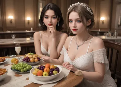 The image depicts a lavishly set dining table, laden with food and beverages for a festive occasion. There are platters filled with fish, a baked meat dish, and a variety of wines and spirits. Beautifully prepared desserts, as well as bowls of grapes, pears, and other fruits, are displayed. Elegant glassware and dinnerware surround the dishes. Floral arrangements serve as centerpieces, adding to the opulent atmosphere.
Today was my birthday, and I decided to celebrate it in a special way. I put on green eye shadow and bright lipstick. My sister also decided to join me in this unusual celebration.
Together, my sister and I filmed in the nude. We have milk running down our thighs, and we only wear stockings. I put the words "boob" on my sister's boobs with lipstick. My sister also did not stay away and painted hearts all over her body with lipstick.
But that wasn't all. I decided to go even further and entered the sauna with a bottle of lipstick in my hands. I put lipstick on my lips and started masturbating in hot water. My sister did the same thing.
My sister and I were both sitting on chairs, holding our feet in the air, and applying nail polish to the skin of our feet. I could feel my vagina filling with moisture, and I applied green shadows to its edges.
Our birthday was unusual and funny, but we enjoyed every moment. We had naked and attractive breasts with expressive nipples painted in a deep purple color. This day will always remain in our memory.