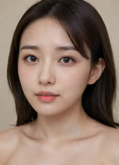 Hyperrealistic facial portrait of a clearly adult Asian woman in her late 20s, face filling the frame, fully mature facial anatomy, adult bone structure, realistic adult proportions, oval to softly heart-shaped face, smooth but mature jawline, small rounded chin, natural facial asymmetry identical to reference photo, light warm beige skin tone with yellow-neutral undertone, realistic skin texture with visible fine pores on nose and cheeks, subtle natural skin variations, faint under-eye shadows consistent with adulthood, natural skin translucency, soft indoor ambient lighting, large round almond-shaped eyes with dark irises, realistic iris texture, natural pupil size, visible sclera veins, subtle double eyelids, natural eyelashes without exaggeration, softly arched medium-thin eyebrows with natural density, small straight nose with short bridge and rounded tip, narrow symmetrical adult nostrils, thin upper lip and fuller lower lip, natural cupid’s bow, coral-red satin lipstick exactly matching reference, gentle relaxed adult smile showing small natural teeth with slight irregularity, realistic lip texture, dark brown straight hair framing the face, straight light bangs resting just above the eyebrows, visible hairs along the hairline, no beauty filter, no stylization, RAW photo quality, documentary realism, ultra high resolution, unmistakably real adult human face, yeonhwa, <lora:japanese_girl_v1.1:2>, <lora:LoRA-girls-sdxl-v4:1>