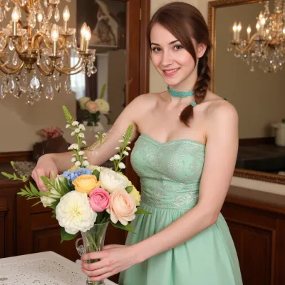 woman, <lora:SameFace_Fix:.8>, Couture, Colourful steam, beautiful lady arranging flowers in a antique vase, long gown, emerald collar, delphiniums, peony, peppermint, embroidered lace, chandelier, glittery smoke, beautiful model braided hairstyle, light rose, light green, light yellow, blue, and peach