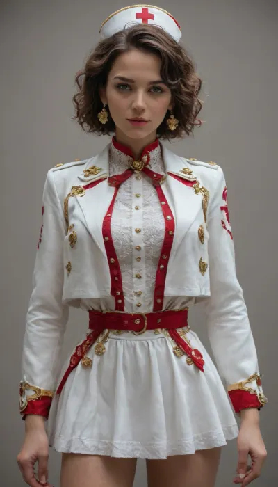 Fantasy art sfumato Lee Bogle Boris Valeggio Girl in Nurse Costume android Steampunk White jacket Short White skirt Festive New Year Magic Fantasy