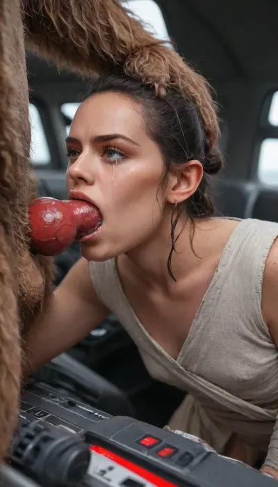 High-quality, (((Rey is bent over the controls in the cockpit of the Millennium Falcon with her tits pulled out with Chewbacca in front of her holding her head while slamming his massive red veiny knotted dick deep penetrating into Rey's mouth))), Rey, (Star Wars), (Chewbacca:1.1), furry male, human woman, Wookiee, science fiction, forced deepthroat sex, knot deep deepthroat penetration, grabbing head, (side view1.3), (Rey scared crying face:1.6), focus rey