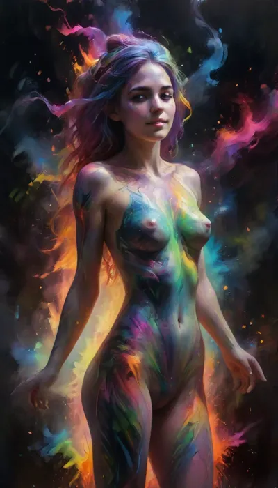 psychedelic scene of an nude 18-year-old painter, thin face, big smile, deep gaze, long rainbow-colored hair, thin and slender body, she dances, like a shaman, around a fire, her, (arms in the air), the, (body, completely covered with fluorescent paint), . Neon colors, iridescent flashes, spiral traces spread all around. The paint completely covers the walls, floor and ceiling, transforming into a psychedelic Amazon jungle, with vibrant colors where each leaf seems to undulate, rays of the sun pierce the canopy. The vines are sinuous, almost alive. an Amazon entered naked, tanned skin, a thin and muscular body, flamboyant, with bright green eyes, looks at me through a curtain of moving vegetation. Viewing angle from the top corner of the workshop, distorted, as if under hallucinogenic lsd. Atmosphere, hypnotic, shamanic DonML34fXL, bl4ckl1ghtxl, Colorsplash, glowneon, glowing, sparks, lightning, ral-colorswirl, chalkdust, <lora:bl4ckl1ghtxl:2>, <lora:SDXLPaintSplash:2>, <lora:glowneon_xl_v1:1.8>, <lora:ral-colorswirl-sdxl:1.9>, <lora:ChalkDustStyleSDXL:1.4>