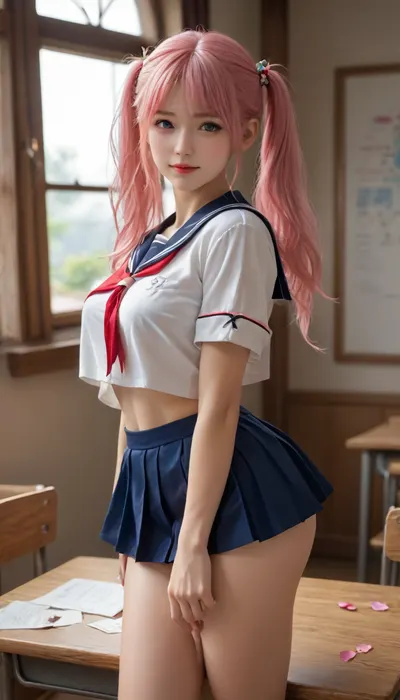 A digital illustration in the eroge style captures the 20 years old young woman teasing her big ass, with long, flowing pink hair cascading in twin tails that frame her face softly, her large, expressive eyes sparkling with a blend of wide-eyed innocence and a coy, inviting smile that hints at hidden depths. She leans backwards over the worn wooden surface of a classic school desk, her slender arms folded gently, allowing the crisp white fabric of her sailor blouse to part just enough at the open collar to reveal a glimpse of her smooth skin beneath and big ass, while the navy-blue pleated mini skirt hugs her hips and shifts upward slightly showing her pussy, accentuating the flawless, toned curves of her thighs in a teasing yet elegant manner. The sunlit classroom background bathes the scene in warm, golden rays filtering through large windows, with scattered cherry blossom petals drifting lazily in the air like whimsical confetti, adding a touch of poetic fantasy to the poised, gravure-inspired sensuality that defines erotic game aesthetics.

## Style Elements
Eroge artwork often employs vibrant colors and exaggerated proportions for emotional impact, with soft shading to create depth on the character's lithe form and glossy highlights on her hair and uniform to emphasize a polished, alluring sheen reminiscent of high-end digital renders. The back-leaning pose draws the viewer into an intimate perspective of her ass, blending big ass charm with subtle eroticism through careful attention to fabric folds and light play, evoking the narrative tension typical of visual novels. Cherry blossoms in the background serve as a recurring motif in Japanese-inspired art, symbolizing fleeting beauty and enhancing the overall whimsical yet seductive atmosphere of her ass.

## Artistic Context
This composition draws from gravure modeling traditions, where poses highlight poise and allure without overt explicitness, fused with eroge's playful, character-driven storytelling. The result is a balanced portrayal that celebrates feminine elegance in a fantastical school setting, ideal for fans of anime-style illustrations.