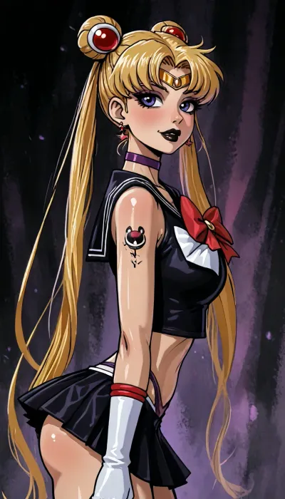 (reiq meets innv and markgavatino style:1.2), hypersaturated colors, (oblique side view, mature older woman focused on her portrait style optimized for printing on a large area), ((Sailor Moon, black lipstick sultry pose she is moving her thigh to expose panties)), front body view with short pleated skirt showing perky butt cheeks, thong lines, gloves, subtle lewd smirk, tattoo, earrings, purple choker, solo sultry foggy steamy, ((cute psychedelic abstract background night burlesque bedroom:.9)), shiny necklace, (background is Goth Moon), 8k ultra high definition, <lora:LCMTurboMix_Euler_A_fix:1.1>, <lora:EnvyBeautyXL02:1.1>, <lora:EnvyAnimeDigitalPaintingXL01:1.1>