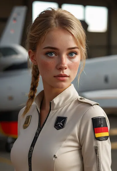 high quality textures, Photorealistic, high resolution photograph, 8k details, score_9, score_8_up, score_7_up, sharp focus, masterpiece, highest quality, ultra-detailed images, fine details, high resolution, 8k, hyperrealism, hard shadows, beautiful sexy slender 18 year old, blonde hair, Female Testpilot before her first flight, girl posing, in Front of a full armed B52 aircraft, no makeup, (freckled face:1.4), dull skin, Breathtakingly beautiful and cute face, Blue piercing eyes, ponytail, small breasts, 3/4 view, standing nearby a B52, good hands, perfect fingers, her face shows, nervousness, erect, but, determination, ready to fuck and fly, (Her full body uniform is skin-tight, and provocative:1), (the zipper on the uniform is wide open:1.6), (half-open uniform:1.6), (A patch of the German flag is on the sleeve of her uniform:1.6), <lora:Tec:1>, <lora:MJ52:.8>