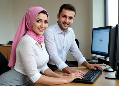 Beautiful Turkish office girl, 28 years old, 165cm, (big tits:1.3), (big ass:1.4), narrow waist, with pink headscarf, happy.Wearing Long Gray Skirt and white shirt, black stockings, dark red stilettos.Full body view.Look at viewer, smile, ((A handsome Turkish man is leaning over the woman at the computer, teaching her how to use it, and both their hands are on the same mouse)), .

**Lighting and Composition, **
**Style, ** High-resolution, forensic detail, hyperrealistic digital art.